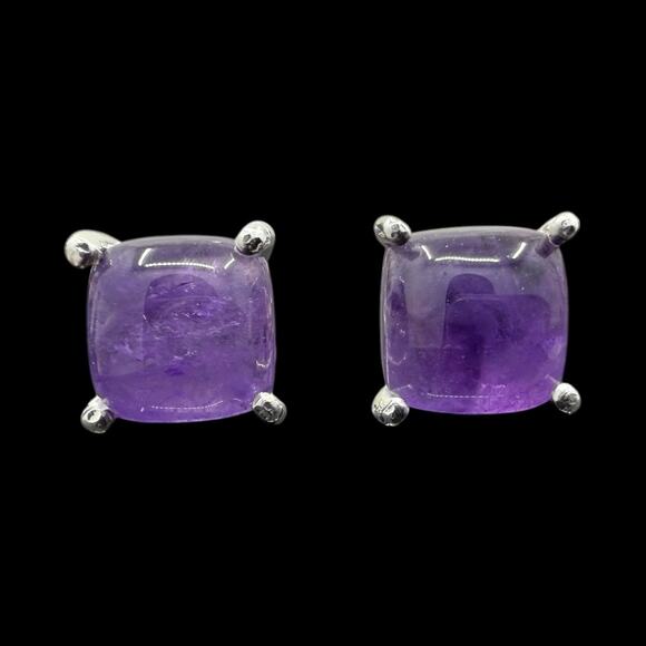 Natural Purple Amethyst Cabochon Stud Earrings 925 Sterling Silver Handmade - Picture 2 of 5